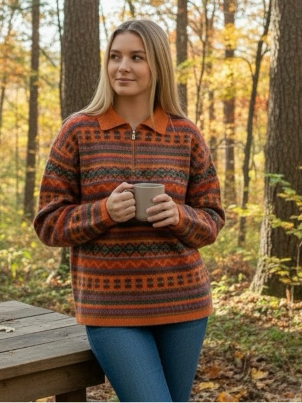 Wool blend Women's Italian Rust Patterned Zip-Collar Sweater size Large